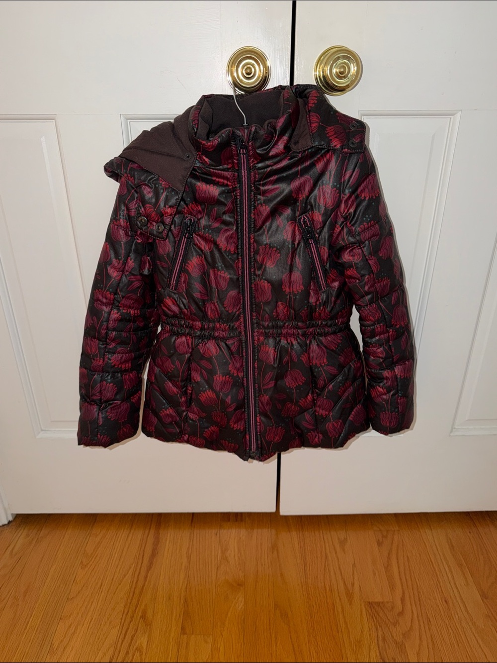 Catimini Black Puffer Jacket with Burgundy Floral Print